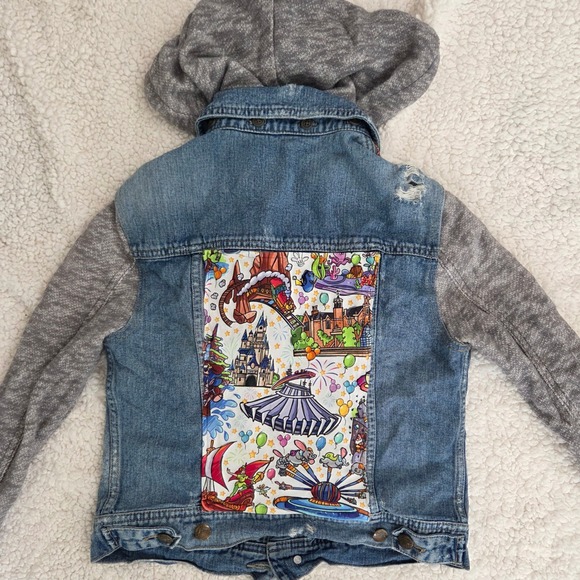 Free People‎ Disney Patches Denim Hooded Jacket XS Jean Knit Sleeve Unique - Picture 9 of 9